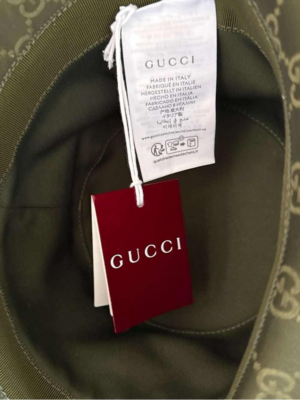 Gucci Olive GG Canvas Wide-Brim Bucket Hat with Gold GG Charm - Picture 4 of 11